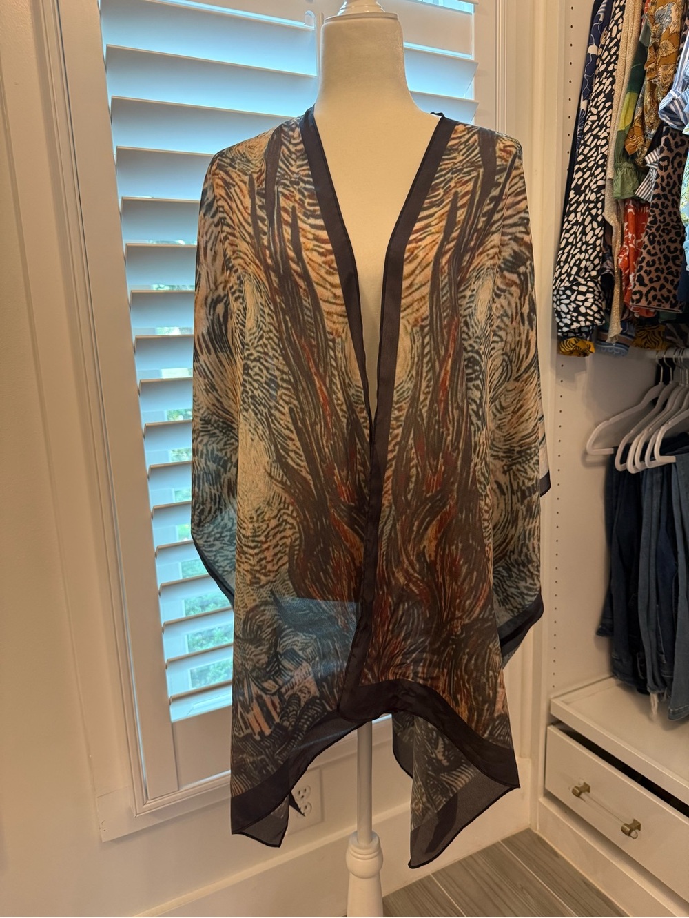 100% Silk abstract/ Animal Print Cocoon Kimono Cover-Up in Brown and Black